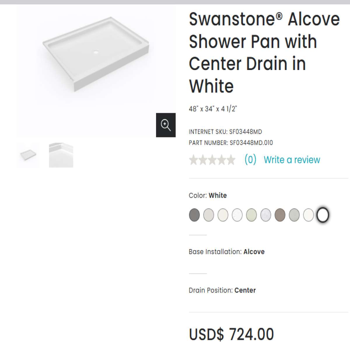 Swan FF034 Shower Base Pan 34x48 in Center Drain Solid Surface White - Photo 12